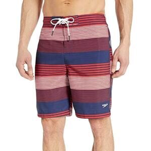 SPEEDO Men's Latitude Red & Blue Striped Redondo Volley Swimsuit Shorts ~ LARGE